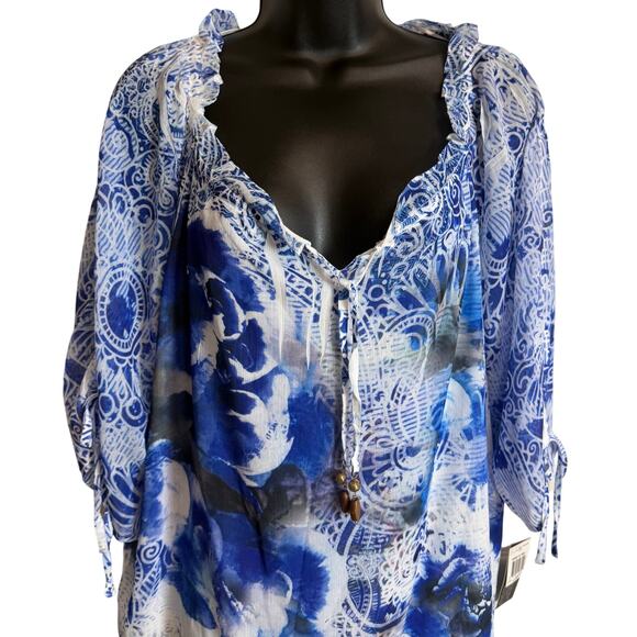 Style & Co Women Top Blouse Size Large Short Sleeve V-Neck Blue White Floral New - Picture 2 of 10